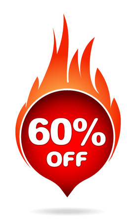 60 percent off red blazing speech bubble, sticker, label or icon with shadow and flame for your design. Vector illustration.のイラスト素材