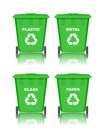 Set of realistic green recycle bins for paper, metal, plastic and glass with reflection.のイラスト素材