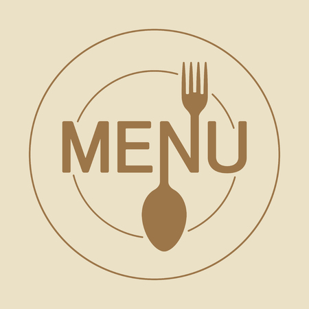Menu round icon with stylized shape of fork and spoon and dish in gentle beige and brown gamma. Vector illustration.のイラスト素材