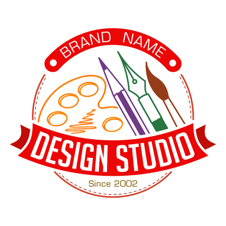 Abstract colorful stylish round design studio illustration with brush, pen, pencil and palette for logo or other use in very bright colors.のイラスト素材