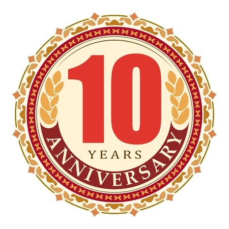 Vintage anniversary 10 years round emblem. Retro styled vector background in very bright tones. のイラスト素材