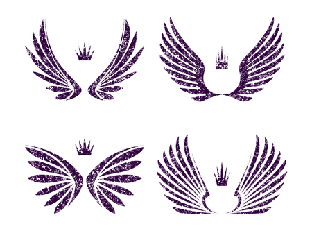 Set of four pairs of wings with crowns in gtunge style. Vector illustration.のイラスト素材