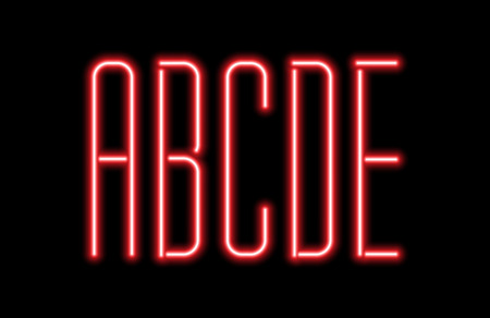 Bright red neon letters on a black background. Letters A, B, C, D, E for night club or night show design.のイラスト素材