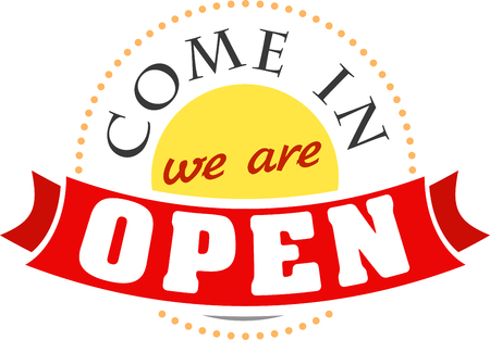 Come in we are open round icon design in red and yellow tones.のイラスト素材