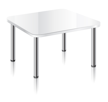 Modern square table with white glossy surface, chrome table legs and mirror shadow.のイラスト素材