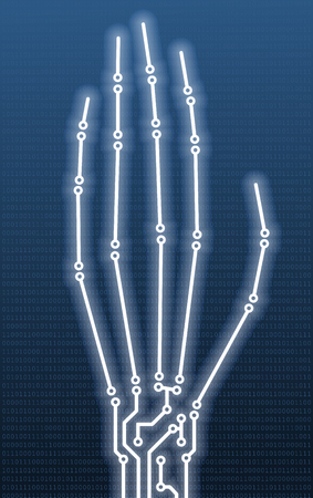 Hand bones in PCB-layout style with shine on a blue digital background. Conceptual illustration for computer crime illustration such as network hacking, viruses etc.のイラスト素材