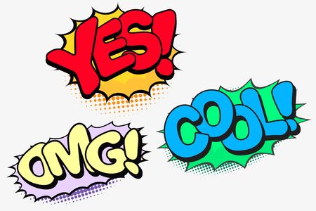 Very bright colorful comic speech bubbles with captions YES, OMG, COOL for your design.のイラスト素材