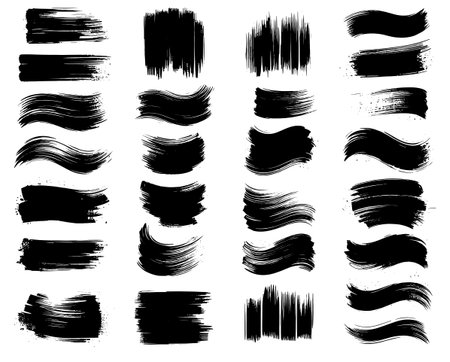 A set of black brush strokes on a white background. The brush strokes vary in length and direction, creating a sense of movement and energy. Scene is dynamic and expressiveのイラスト素材