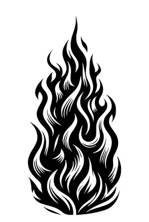 A black and white drawing of a flame. The flame is very large and has a lot of detail. The drawing has a very dramatic and intense moodのイラスト素材