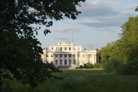 Beautiful white mansion in the sunlight behind the treesの写真素材