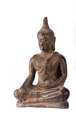 Traditional Thai bronze Buddha statuette isolated on whiteの写真素材