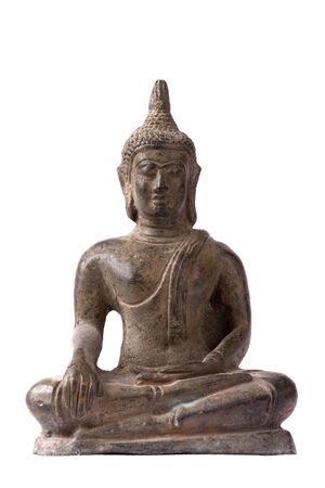 Traditional Thai bronze Buddha statuette isolated on whiteの写真素材