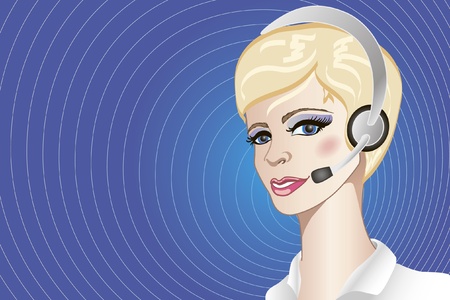Illustration of pretty call-center operator on blue background with much place for your textのイラスト素材