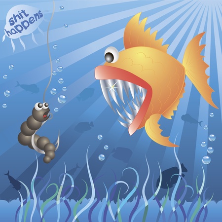 Underwater life. worm meets fish. shit happens.のイラスト素材