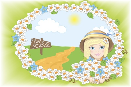 cute girl with flowers on the road back to schoolのイラスト素材