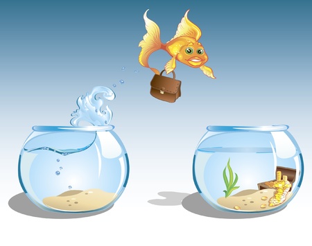 cute cartoon business goldfish with case jumping to other bowl with chest full of moneyのイラスト素材