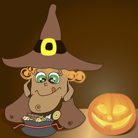 halloween background with illustration of funny witch looking forward her sweetiesのイラスト素材
