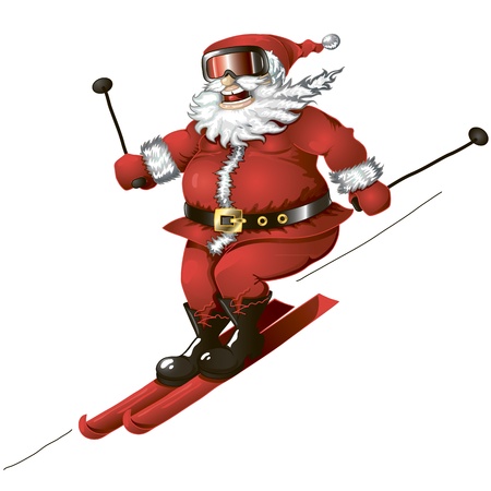 Isolated cartoon illustration of cute Santa skiingのイラスト素材