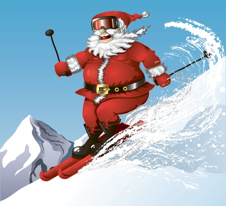 cute cartoon Santa having his winter fun on skies in the mountainsのイラスト素材