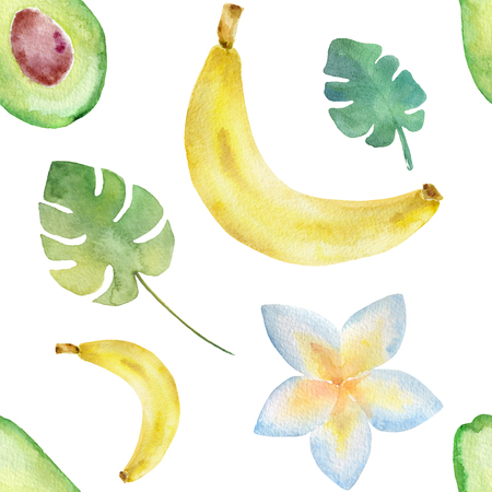 Watercolor tropical pattern on a white background.の写真素材