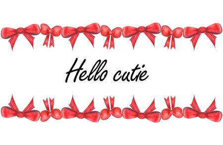 Watercolor handmade banner consisting of bows of different types with text "Hello Cutie"の写真素材