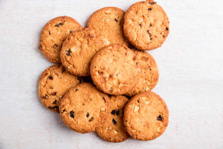 Freshly baked cookies with raisins and cashew nutsの写真素材