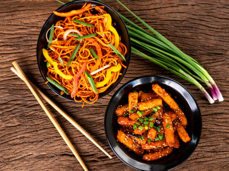 Bowls of asian spicy noodles with vegetables on wooden tableの写真素材