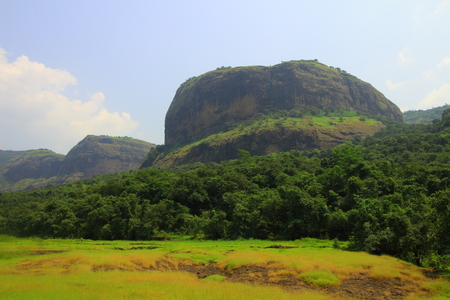 Rock formations in the midst of the forests in the western ghats of Maharashtra, Indiaの写真素材