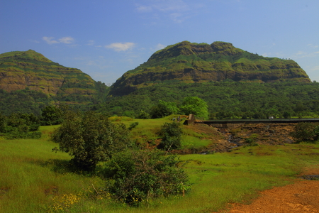 A meadow/grassland in the forests of the western ghats of Maharashtra, India with hills in the background.の写真素材
