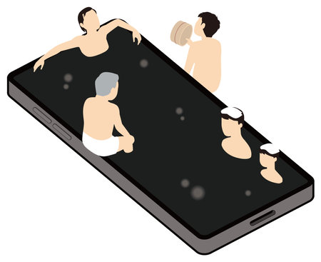 People bathing in hot springs with their smartphonesのイラスト素材