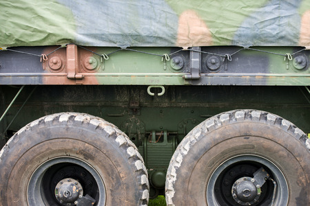 A close up view of the side of a military personnel transport truck used by the Canadian Armed...