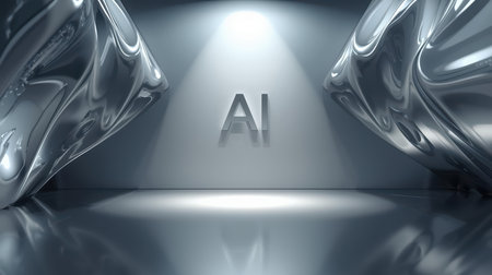 High-tech futuristic background featuring glowing digital elements, neon circuits, holographic particles, and a bold AI lettering in the center. Perfect for tech presentations, AI-の素材