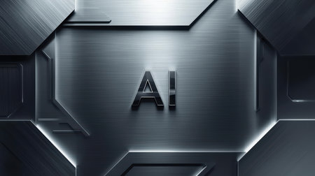 High-tech futuristic background featuring glowing digital elements, neon circuits, holographic particles, and a bold AI lettering in the center. Perfect for tech presentations, AI-の素材