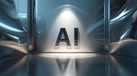 High-tech futuristic background featuring glowing digital elements, neon circuits, holographic particles, and a bold AI lettering in the center. Perfect for tech presentations, AI-の素材