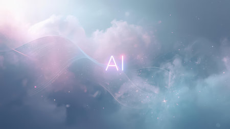 High-tech futuristic background featuring glowing digital elements, neon circuits, holographic particles, and a bold AI lettering in the center. Perfect for tech presentations, AI-の素材