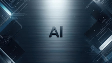 High-tech futuristic background featuring glowing digital elements, neon circuits, holographic particles, and a bold AI lettering in the center. Perfect for tech presentations, AI-の素材