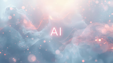 High-tech futuristic background featuring glowing digital elements, neon circuits, holographic particles, and a bold AI lettering in the center. Perfect for tech presentations, AI-の素材
