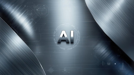 High-tech futuristic background featuring glowing digital elements, neon circuits, holographic particles, and a bold AI lettering in the center. Perfect for tech presentations, AI-の素材