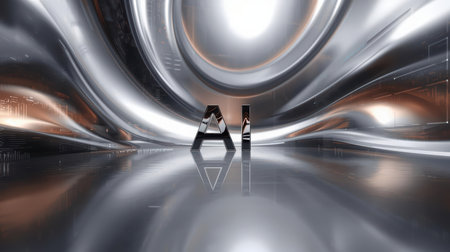 High-tech futuristic background featuring glowing digital elements, neon circuits, holographic particles, and a bold AI lettering in the center. Perfect for tech presentations, AI-の素材