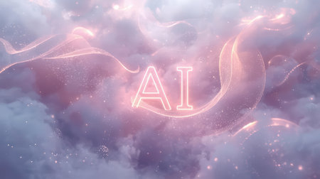 High-tech futuristic background featuring glowing digital elements, neon circuits, holographic particles, and a bold AI lettering in the center. Perfect for tech presentations, AI-の素材