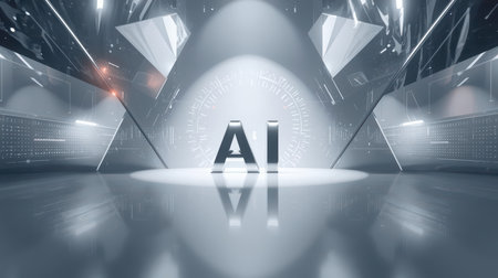 High-tech futuristic background featuring glowing digital elements, neon circuits, holographic particles, and a bold AI lettering in the center. Perfect for tech presentations, AI-の素材