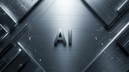 High-tech futuristic background featuring glowing digital elements, neon circuits, holographic particles, and a bold AI lettering in the center. Perfect for tech presentations, AI-の素材