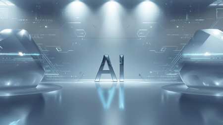 High-tech futuristic background featuring glowing digital elements, neon circuits, holographic particles, and a bold AI lettering in the center. Perfect for tech presentations, AI-の素材