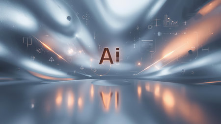 High-tech futuristic background featuring glowing digital elements, neon circuits, holographic particles, and a bold AI lettering in the center. Perfect for tech presentations, AI-の素材