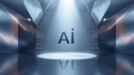 High-tech futuristic background featuring glowing digital elements, neon circuits, holographic particles, and a bold AI lettering in the center. Perfect for tech presentations, AI-の素材