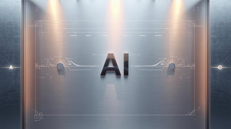 High-tech futuristic background featuring glowing digital elements, neon circuits, holographic particles, and a bold AI lettering in the center. Perfect for tech presentations, AI-の素材