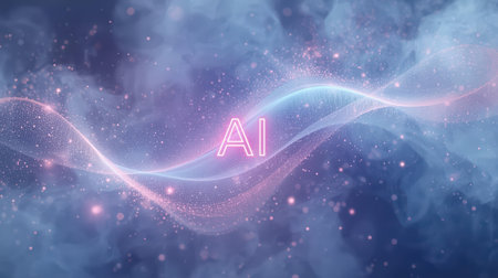 High-tech futuristic background featuring glowing digital elements, neon circuits, holographic particles, and a bold AI lettering in the center. Perfect for tech presentations, AI-の素材