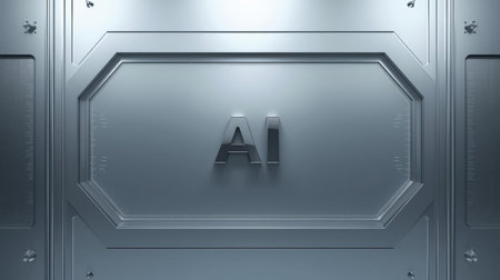 High-tech futuristic background featuring glowing digital elements, neon circuits, holographic particles, and a bold AI lettering in the center. Perfect for tech presentations, AI-の素材