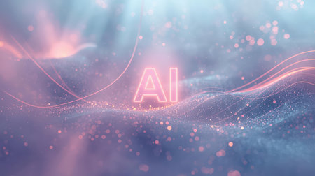 High-tech futuristic background featuring glowing digital elements, neon circuits, holographic particles, and a bold AI lettering in the center. Perfect for tech presentations, AI-の素材