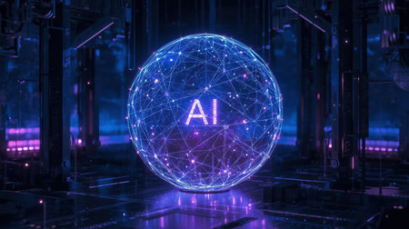 High-tech futuristic background featuring glowing digital elements, neon circuits, holographic particles, and a bold AI lettering in the center. Perfect for tech presentations, AI-の素材